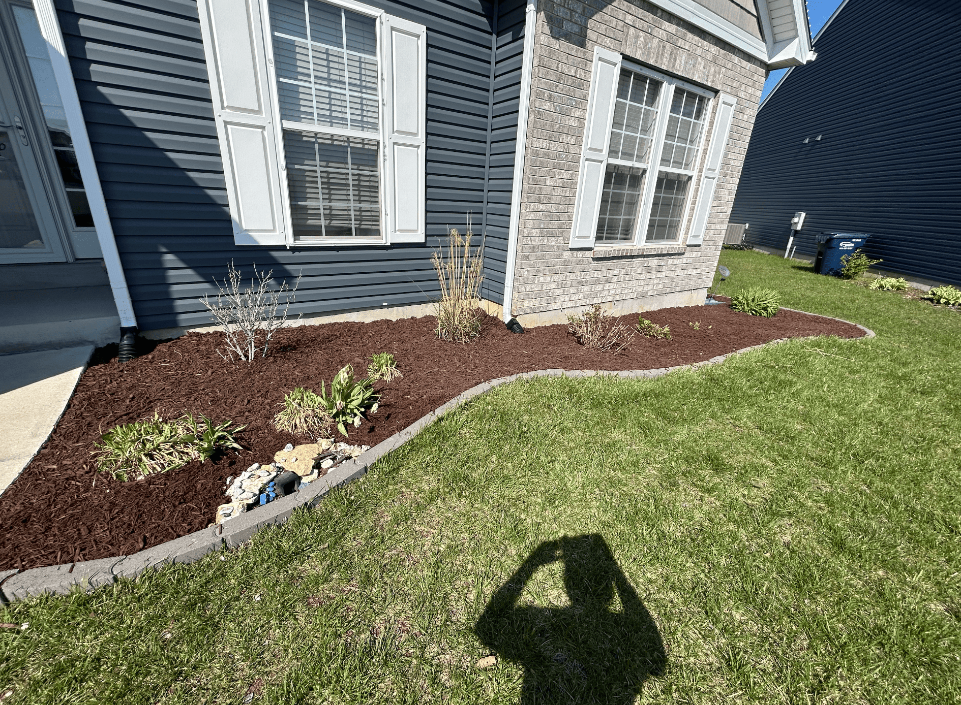 Front yard foundation bed with fresh brown mulch and clean edging