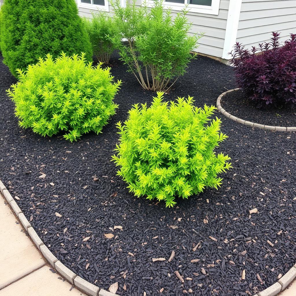 Fresh dark mulch installation around healthy shrubs