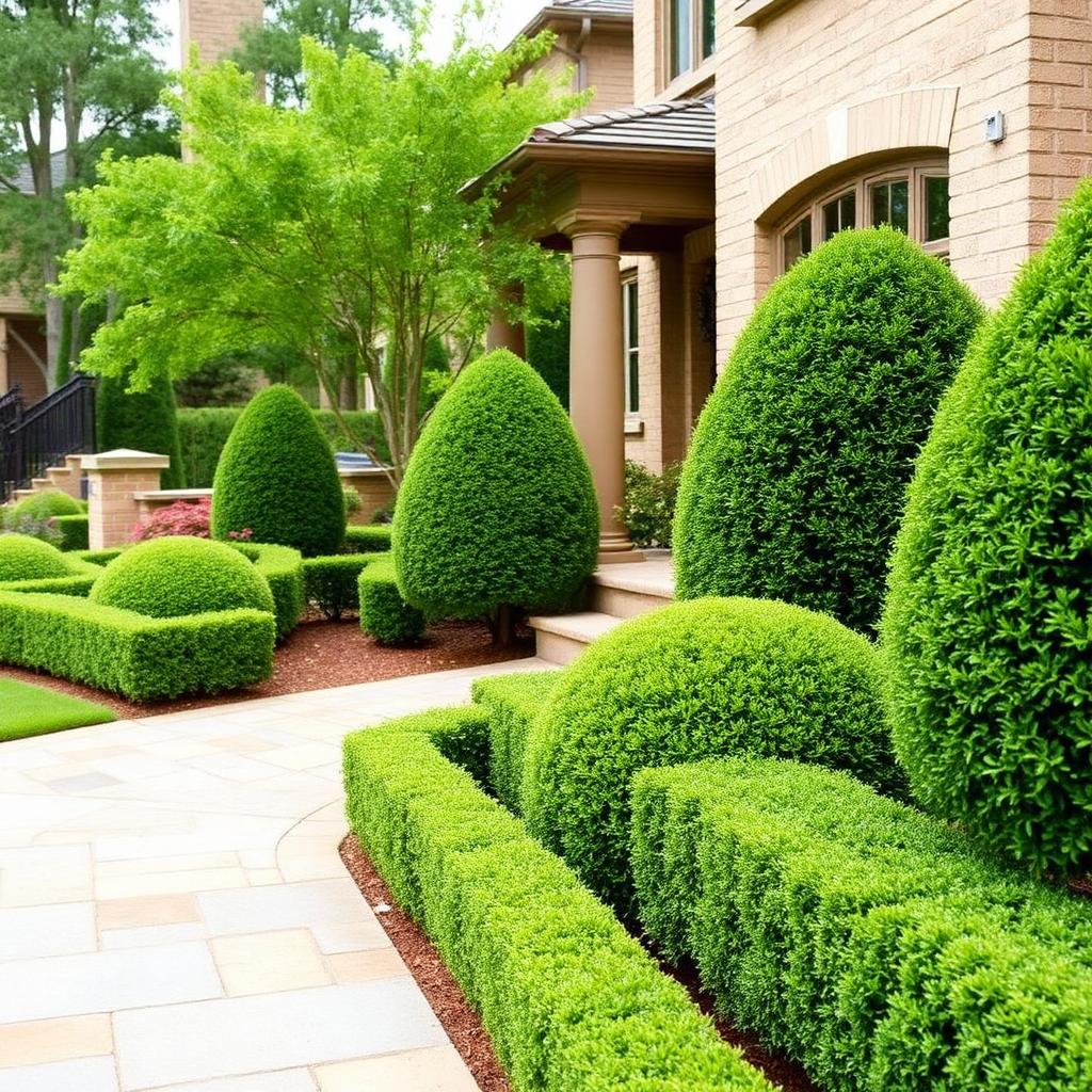 Precisely trimmed shrubs framing an upscale home